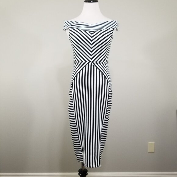 ASOS Pin-Up Stripe Bodycon Dress Off Shoulder Stretch Size 4 Retro Chic Siren - Picture 4 of 10